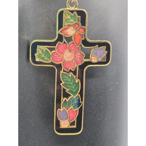 Vintage Black Floral Cloisonné Hook Cross Earrings 2 inches - Picture 6 of 6